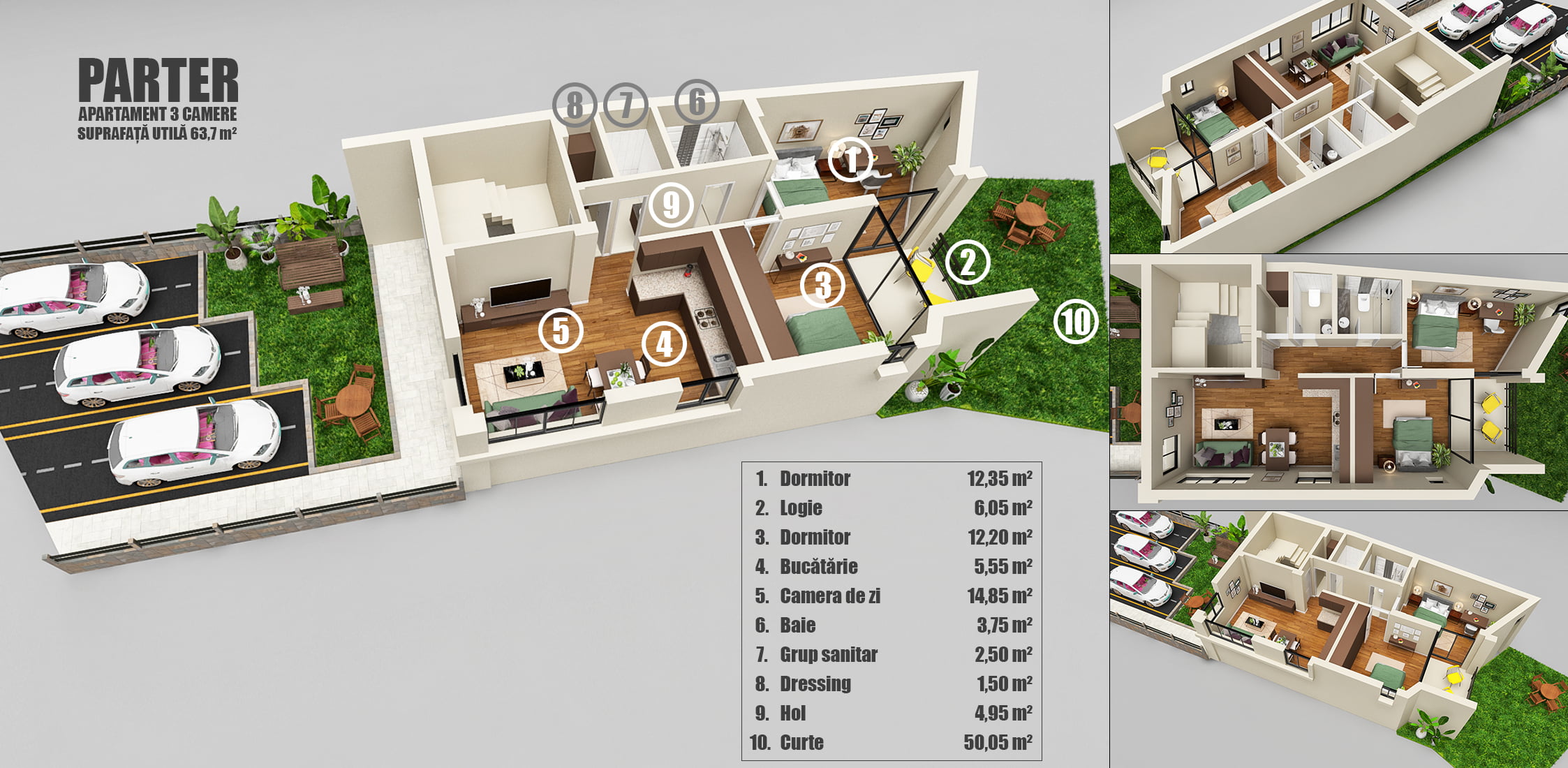 brosura randare plan interior apartament detalii, camere, dormitor, living vila, unghiuri multiple si dimensiuni incinte
