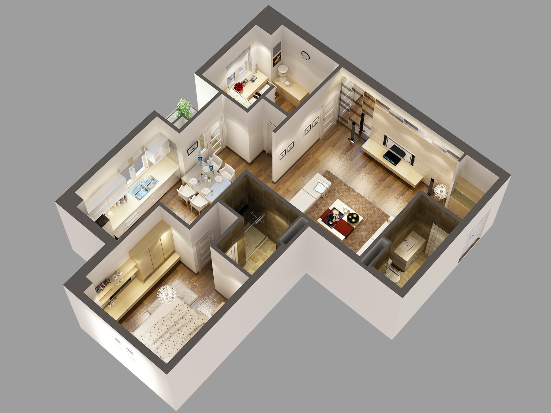 randare vizualizare interioara apartament 3 camere, living, mobilier, bucatarie, dormitoare