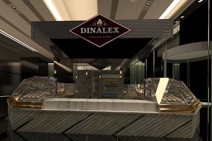 Dinalex Randari Comerciale - imagine randare 3D reprezentand un stand cofetarie design interior