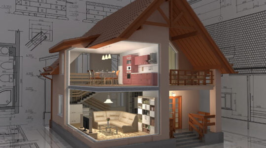 ilustratie 3D reprezentata din vederi multiple ale schite case moderne, reprezentare 3D a etajelor constructiei unei case, living si bucatarie