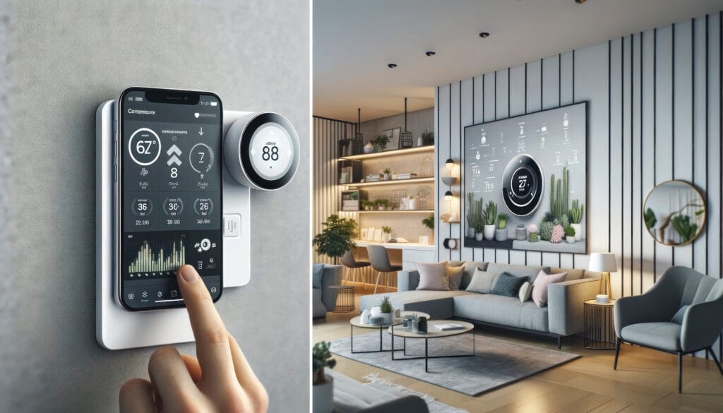 randare cu un living modern, iluminat inteligent, ferestre mari cu opacitate variabilă și panou de control subtil pe perete. Stil scandinav sau modern organic, fără cabluri vizibile.